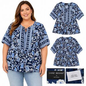 Lane Bryant 20 Blue Floral Peasant Boho Tunic Blouse